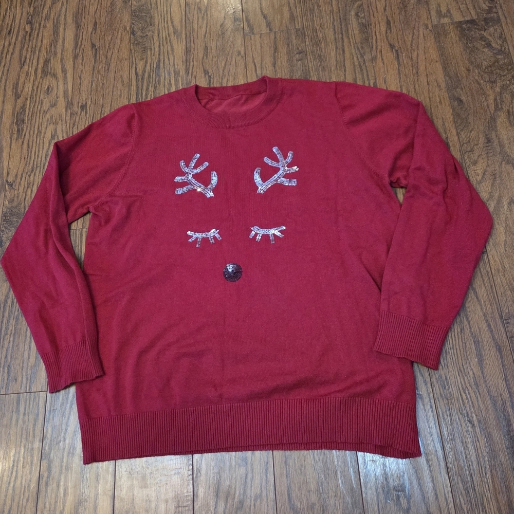 Womens Red Reindeer Ugly Christmas Sweater Sparkle Holiday Fun Party Size XL